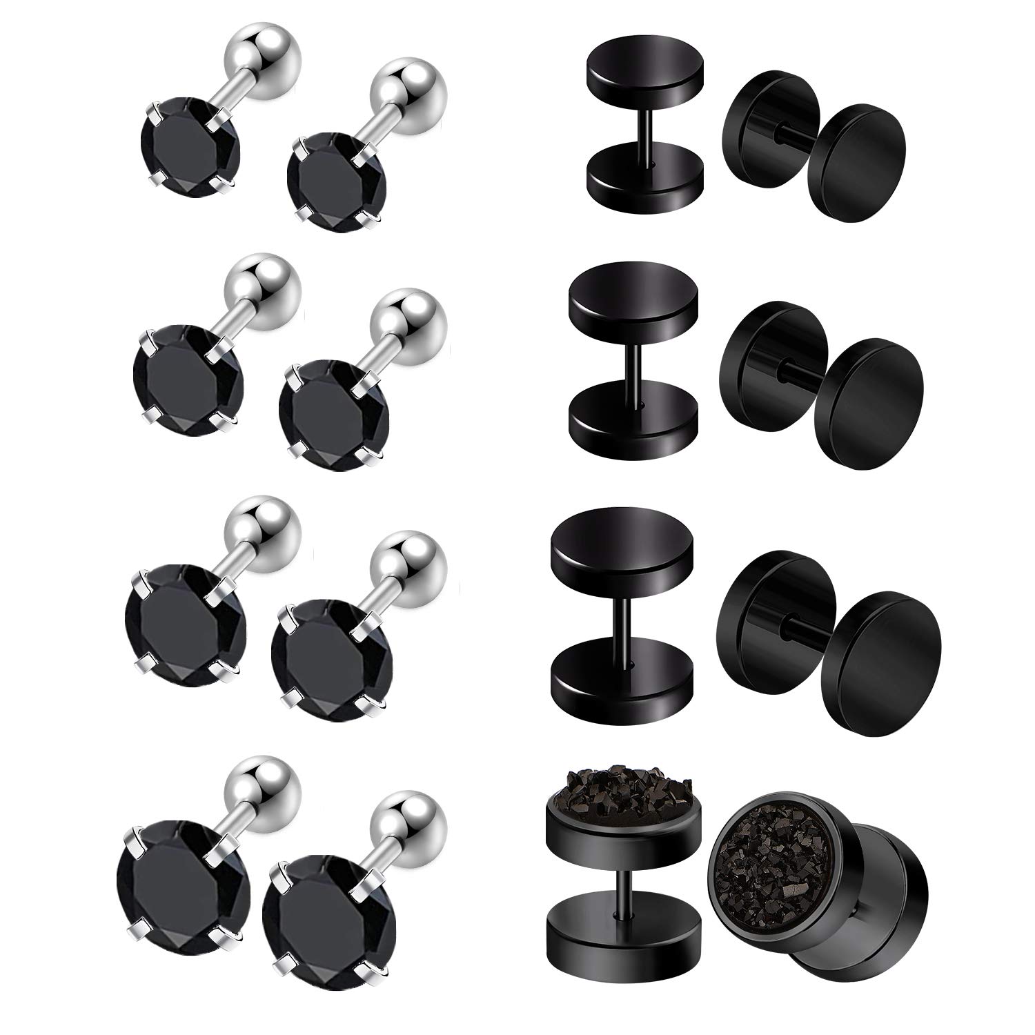 Mayhoop 8 Pairs Stainless Steel Stud Earrings for Men Women CZ Earring Studs Cartilage Helix Tragus Earrings Hoop Earrings For Men Black Color