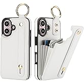 Folosu for iPhone 16 Wallet Case with Card Holder, Hand Wrist Strap Loop Holder Kickstand, RFID Blocking Finger Grip Ring PU Leather Double Buttons Shockproof Cover 6.1" White