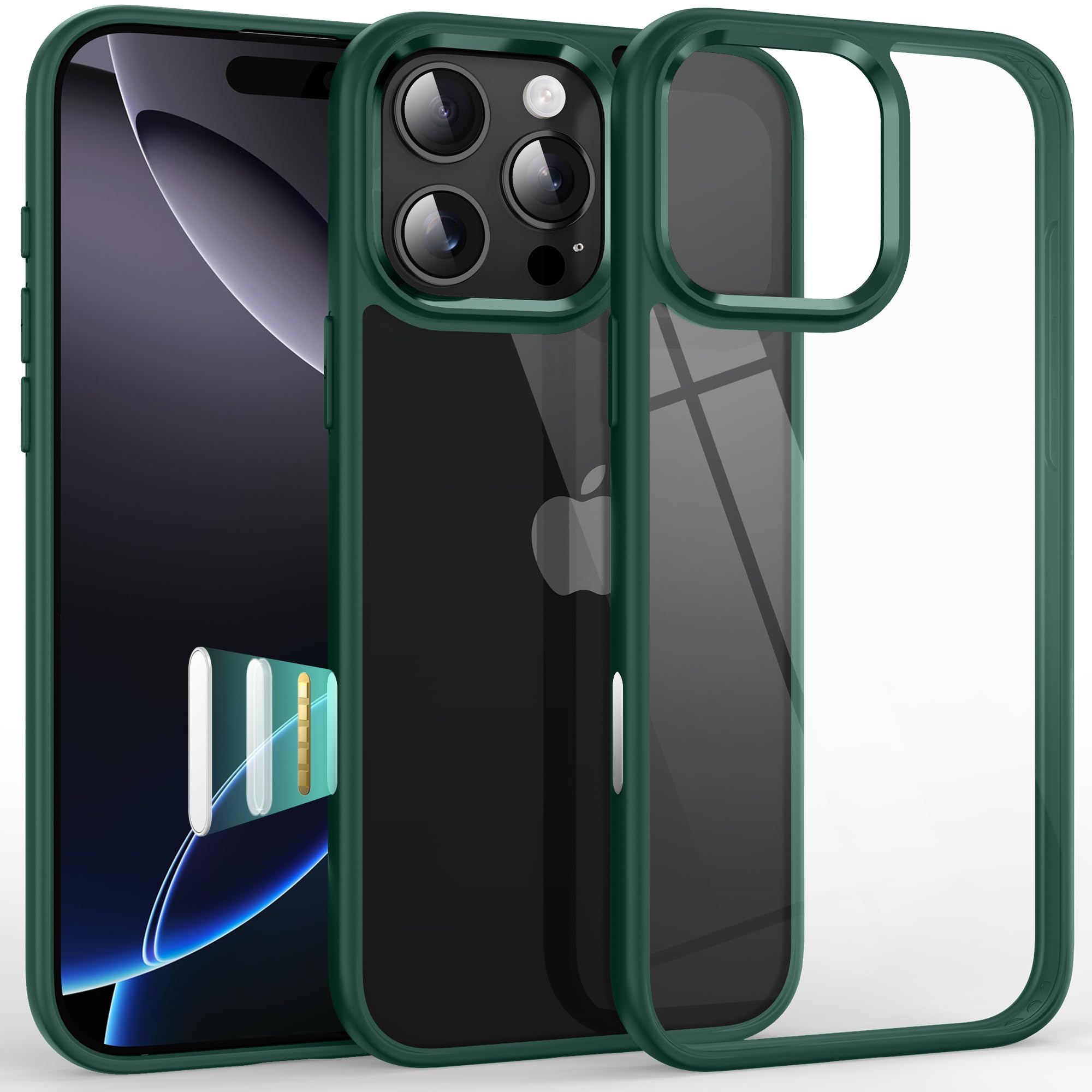 Photo 1 of Supdeal Shockproof Clear Case for iPhone 16 Pro, [Camera Control Button] [10FT Military Drop Protection] Hard Clear Back Silicone Edge Four Corner Airbags Phone Cover, 6.3 inch, Green
