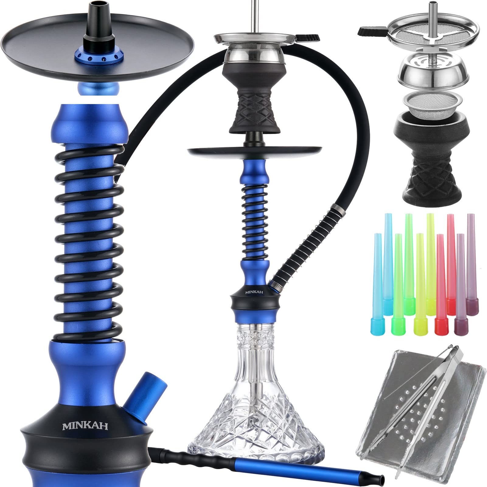 Photo 1 of Hookah Set with Everything Accessories Silicone Hose Bowl Coal Tongs Mouth Tips Chimney Screen Diffuser, 2023 Small Glass Shisha Hookahs Set Complete Aluminum Stem Hooka Narguile Smoking Blue