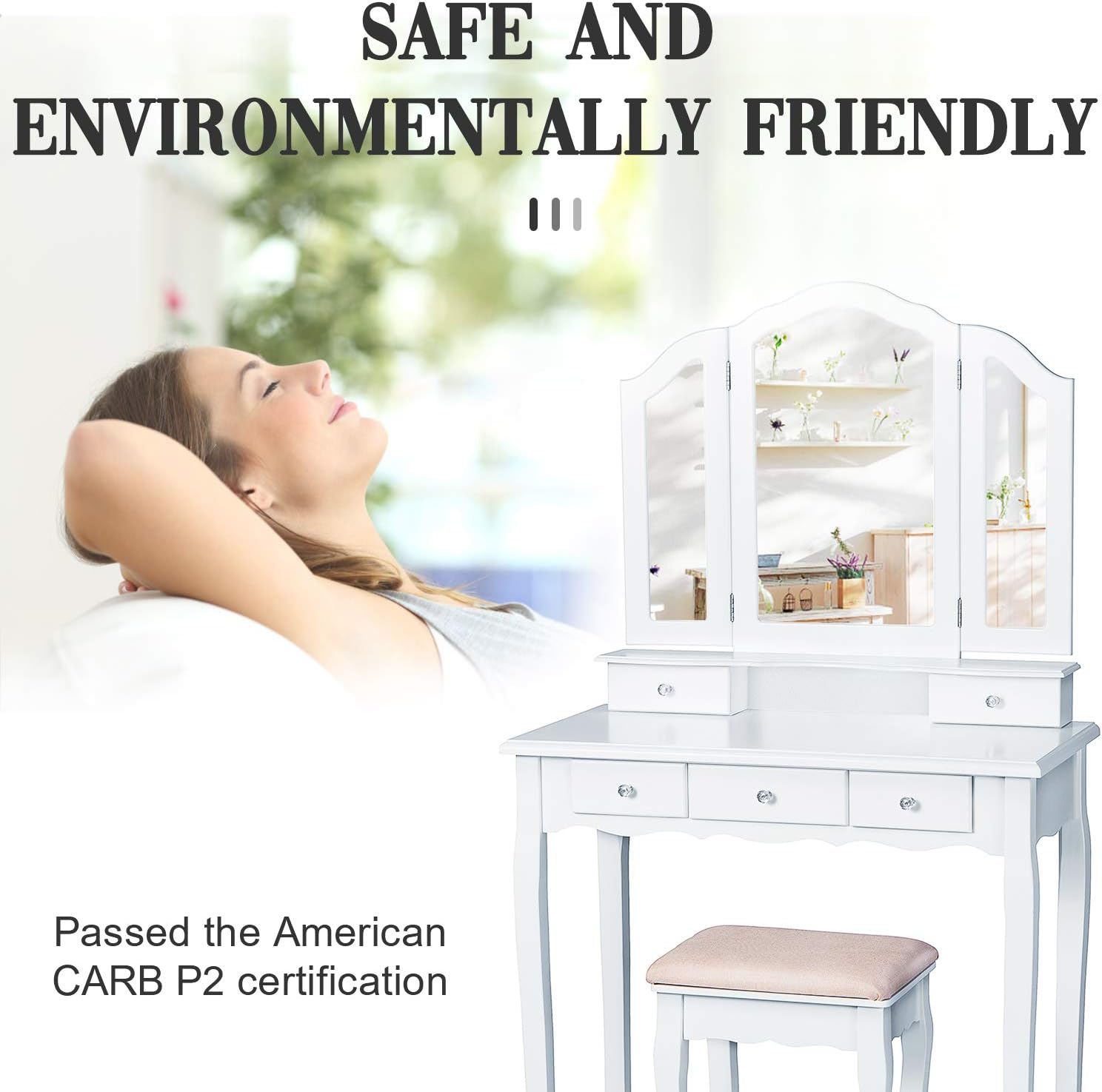 Tiptiper Dressing Table Black Makeup Vanity Table Set With Cushioned Stool 5 Drawers And Tri Folding Mirror For Girls Women Vanities Vanity Benches Home Kitchen