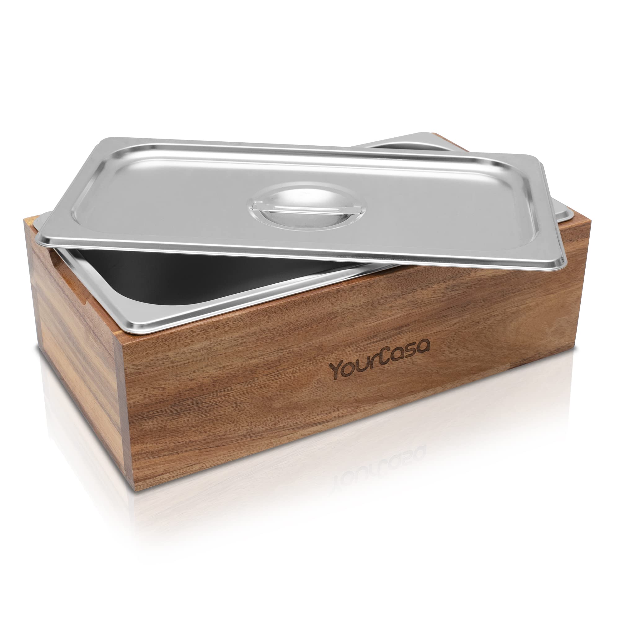YourCasa® Organic Kitchen Waste Bin - Acacia Wood & Stainless Steel for Everyday Organic Rubbish - Dishwasher Safe - Removable Insert Organic Waste Container Compost Bin Small (Acacia)