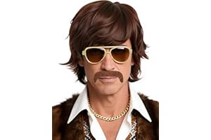 ZGXYZXMY Brown Short Wavy Wig for Mens Retro 60s 70s Shag Hippie Wig with Mustache for Halloween Hippie Themed Party