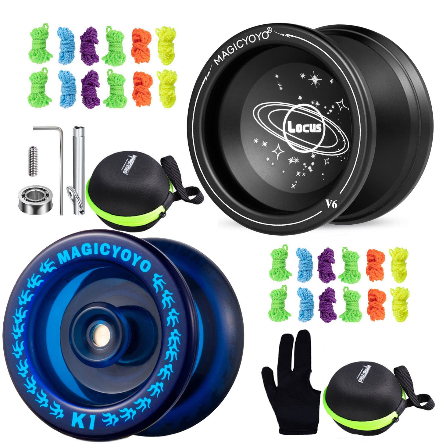 Pack of 2 Responsive YoYos - Plastic Yoyo K1 Blue &Alloy Yoyo V6 Black Dual Purpose (Unresponsive Bearing Kit), with 2 Yoyo Bags + 24 Strings and 1 Yo-Yo Glove Gift