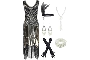 ESRTYERYH WOMEN COSTUME 1920s Gatsby Sequin Fringed Paisley Flapper Dress with 20s Accessories Set