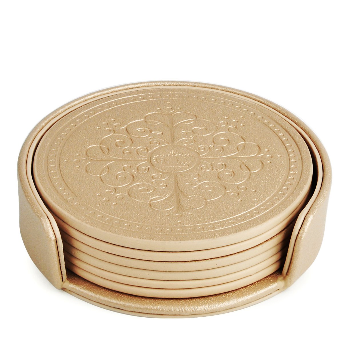 Drinks Coasters,Classic Pattern Faux Leather Coaster Set of 6 with Holder Absorbent Coasters by