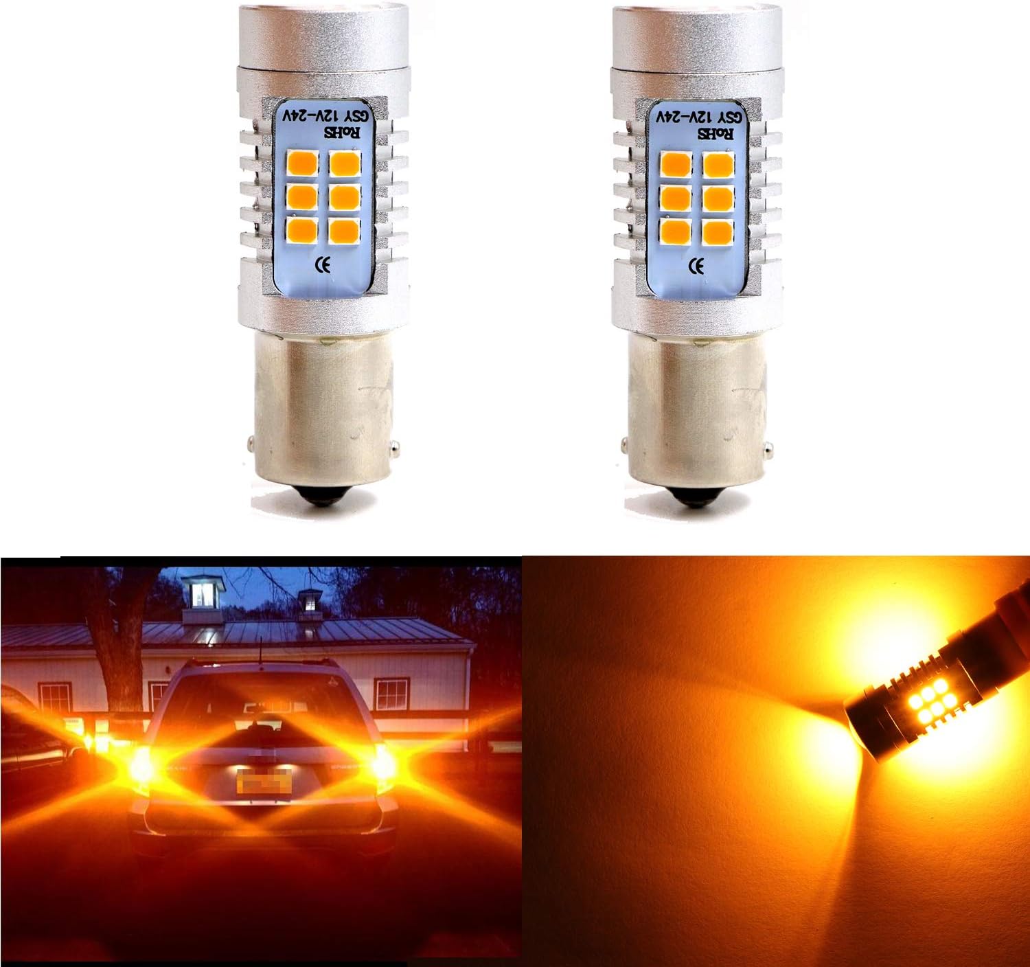 Extremely Bright Yellow 21 LED 1260 Lumens PX Chips 1156 1156A 1156NA 97NA 1073 1095 1141 1195 1295 2396 3497 5007 5008 7506 12088 1295NA Amber Turn Signal LED Bulbs