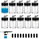HUBEST 10pk 22cc Airbrush Bottles, Universal Jars for Most Siphon Guns | Universal 30&deg; adapter fits Iwata, Master &amp; Badger， Sealed caps, leak-proof，0.75oz glass jars，10-pack for quick color change