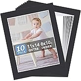 Somime 10 Pack Pre-Cut 11 x 14 Black Picture Mats for 8.5x11 Photos - White Core Bevel Cut Frame Matte, Acid Free, Ideal for Frames/Artwork/Prints