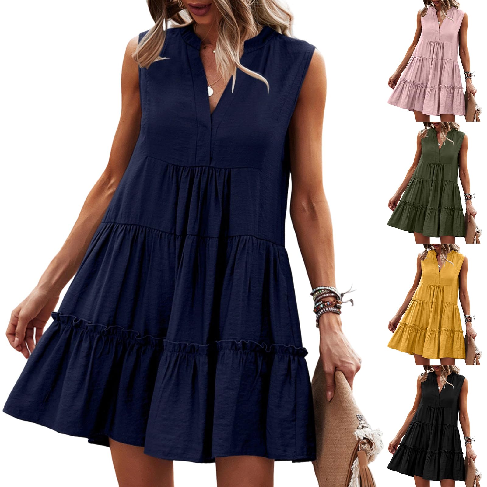 Short Ruffle Dress for Women Empire Waist Sundress V Neck Tank Top Babydoll Dress Summer Dresses for Women 2026 Flattering Dress to Hide Tummy Vestidos Elegantes de Mujer para Fiesta
