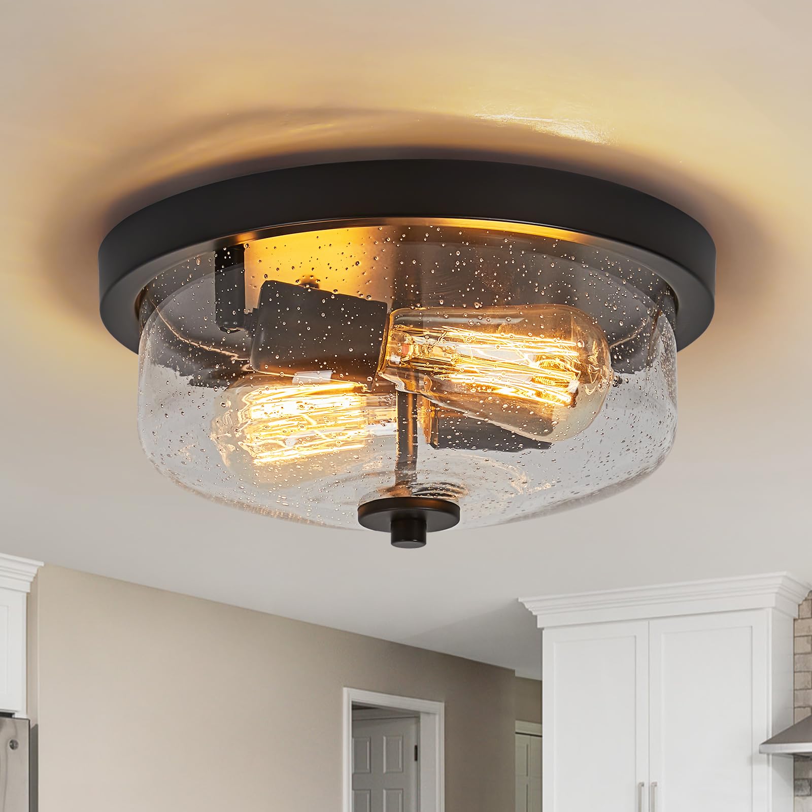 Photo 1 of foucasal Black Flush Mount Ceiling Light Farmhouse Outdoor Porch Ceiling Light Fixtures with Seeded Glass Shade, 2-Light Flush Mount Lights for Porch Ceiling Kitchen Hallway Foyer