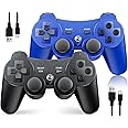 OKHAHA Controller 2 Pack for PS3 Wireless Controller for Sony Playstation 3, Double Shock 3, Bluetooth, Rechargeable, Motion Sensor, Remote for PS3 (With Stripes(Black + Blue))