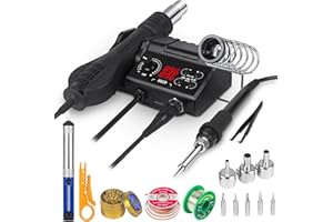 TOOLSLAND Soldering Iron Station with Solder Kit, Updated 882D 2-IN-1 SMD Hot Air Rework Station with 3 Hot Air Nozzles, 5 Soldering Tips, Solder Wick Braid, Solder Wire, Cleaner, Desoldering Pump,etc