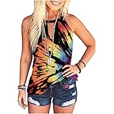 Reverse Tie Dye Rainbow Hollow Out Deep V Neck Tank Tops for Women Casual Basic Keyhole Neck Sleeveless T Shirts Blouse
