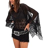 Women Sheer Poncho Tops Oversized Batwing Sleeve Blouse Contrast Lace See Through Mesh Cover Up Ruffle Flowy Boho Shirt