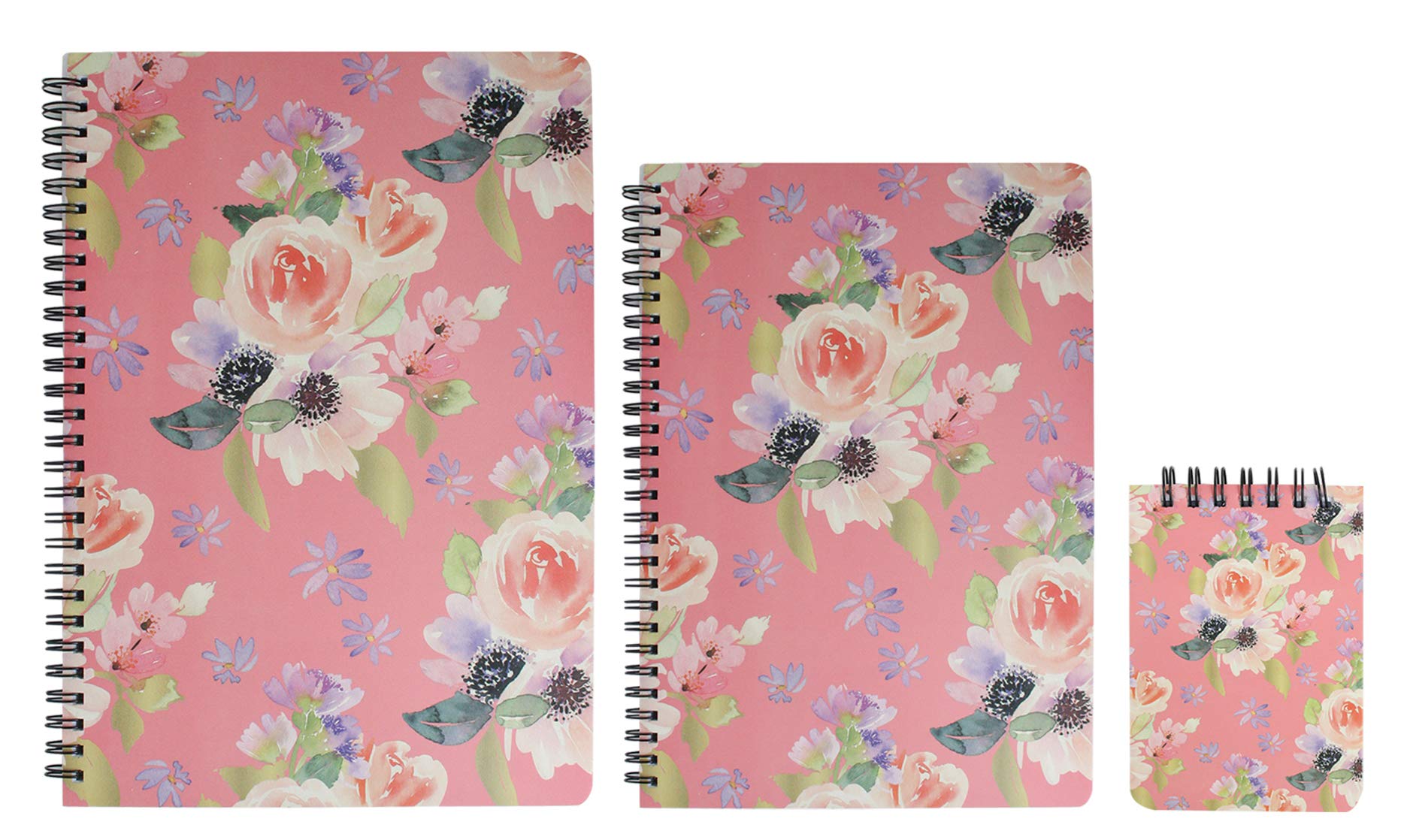 Emartbuy Floral Hard Cover Spiral Exercise Book Diary Notebook Notepad Writing Journal Ruled B5, A5, A7 Size 80 Sheets (160 Pages) - Hot Pink, Set of 3