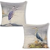 Linen Pillow Cases Standard Size Set of 2 - 18x18 Inch Decorative Cushion Cases with Heron on the River Print - Premium Home Decor Pillow Covers - Couch Pillows for Living Room Indoor Sofa Bed Decors