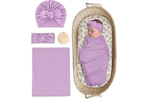 ZURLEFY Stretchy Baby Swaddle Blanket and Headband Set, Newborn Receiving Blankets with Matching Hat for Nursery Swaddle Wrap