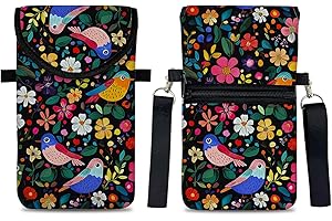 otilil Neoprene Cell Phone Sleeve Pouch Case Bag with Crossbody Strap Neck Lanyard for Women 7.5 X 4.3 in Flower Bird