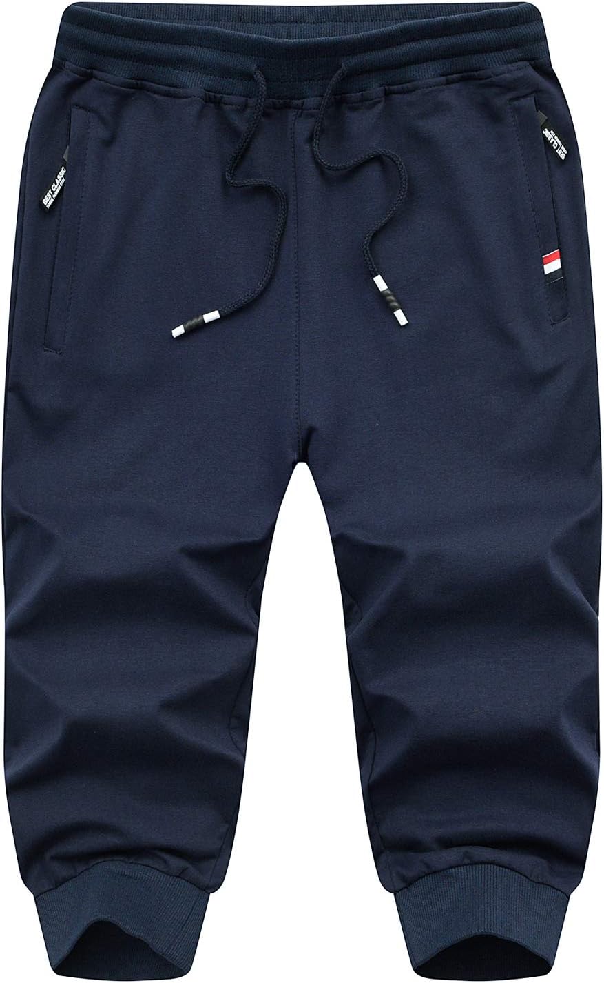 JustSun Mens Cotton Sports 3/4 Shorts with Elastic Waist Zipper Pockets