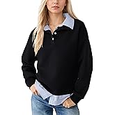 Lauweion Women’s Oversized Polo Neck Sweatshirt Casual 2 in 1 Long Sleeve Collared Contrast Striped Half Button Up Pullover