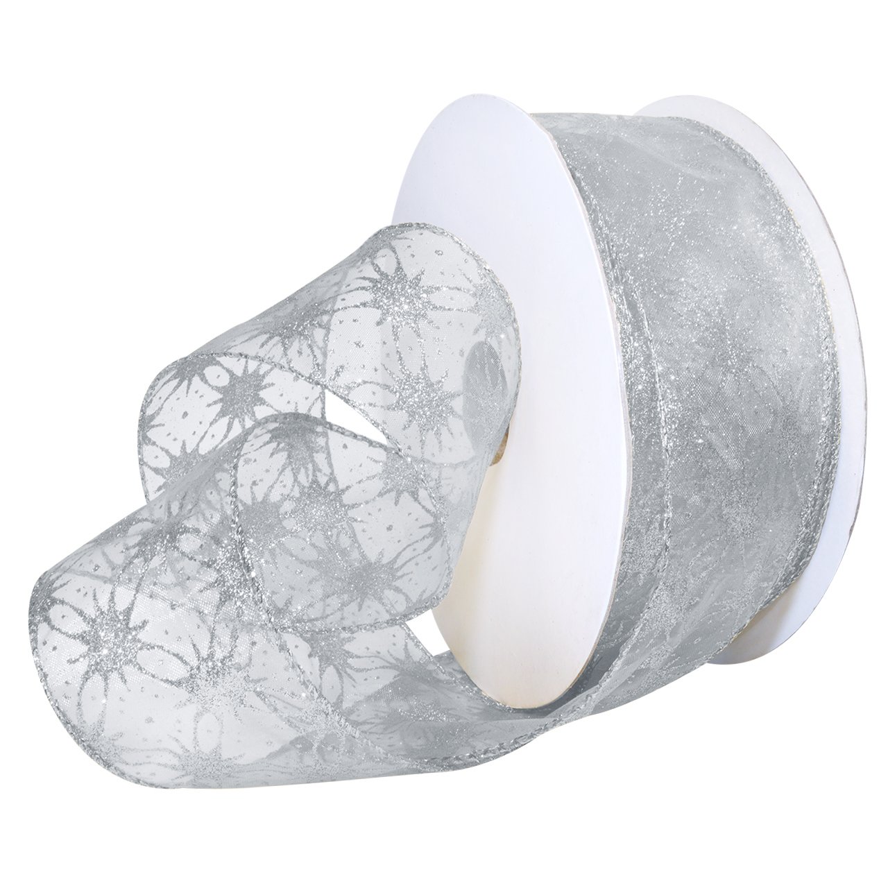 Morex Ribbon Wired Polyester Milky Way Ribbon, 2-1/2" x 50 yd, White/Silver