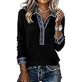 CZLFDFZ Women's Denim Contrast Waffle Knit Polo Shirt Long Sleeve Button Placket Casual 2025 Fall Winter Color Block Top