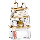 Under Sink Organizer,Plastic Trash Bag Holder Dispenser,Stackable Pantry Laundry Room Home Organization,Bamboo Lid Potatoes Onions Storage Container for Kitchen,Set of 3 for 13/30/33 Gallon Bags