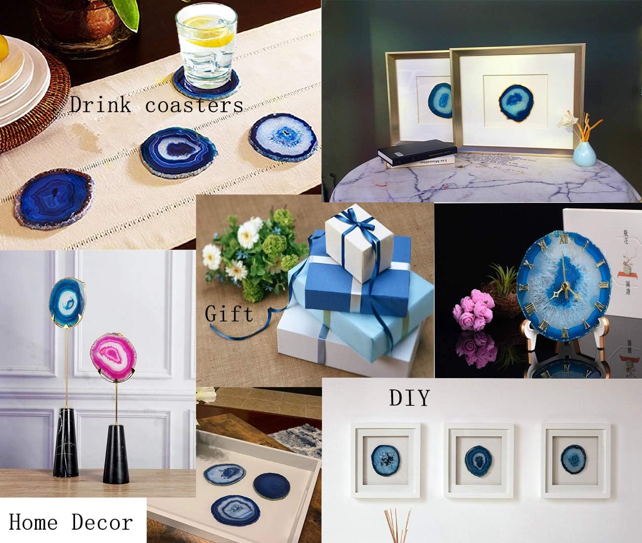 JIC Gem 3-3.5" Dyed Blue Color Small Size Agate Coastes Polished Natural Geode Stone Coasters Agate Slices Set of 4 with Protective Rubber Bumper Home Decorative: Kitchen & Dining