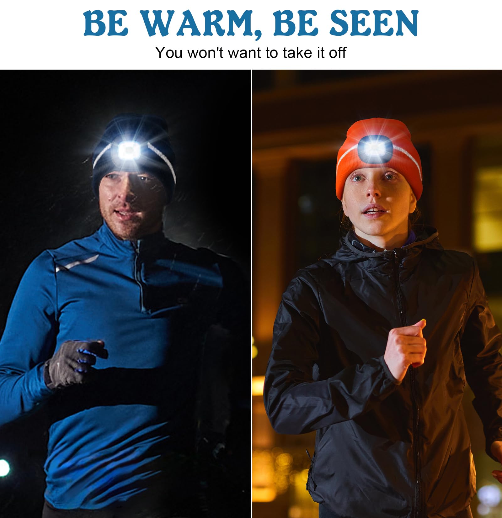 MELASA Reflective Stripe LED Beanie Safety High Visibility Winter Hat with Light for Outdoor Work Sports Gifts for Men Dad