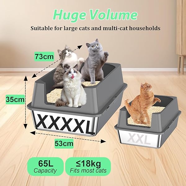 XXXXL STAINLESS STEEL CAT LITTER BOX WITH HIGH SIDES, 29″ X 21″ X 14″ EXTRA LARGE CAT LITTER BOX FOR BIG CATS AND OVERWEIGHT CATS HIGH SIDES NON-STICK EASY TO CLEAN.