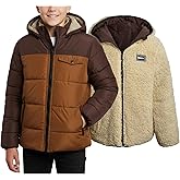 DKNY Boys Puffer Jacket - Reversible Zip Up Kids Winter Coat Sherpa Jacket with Hood - Outerwear Jackets for Boys