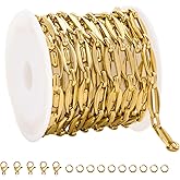 SMYHTGLIF 2 Meters Gold Oval Rectangle Chain for Jewelry Making Stainless Steel Jewelry Making Chains Bulk with Lobster Clasps and Jump Rings
