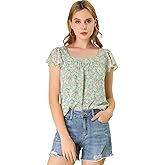 Allegra K Women's Floral Blouse 2025 Summer Casual Square Neck Chiffon Short Sleeve Easter Ruffle Shirts