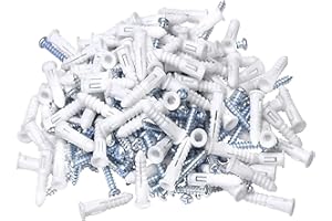 HANGDONE Ribbed Wall Anchors #8-#10 1-Inch with Screws 100-Pack, White, Plastic Anchor for Drywall/Concrete, Pan Head Phillips Screw Included