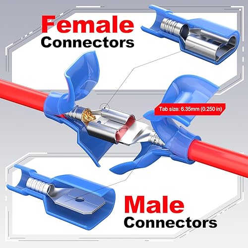 Male Female Wire Connectors 100 Blue Quick Disconnect Spade Connectors - 16-14 AWG, .250" Size, Made In USA Terminales Para Cables Eléctricos - Foto 12
