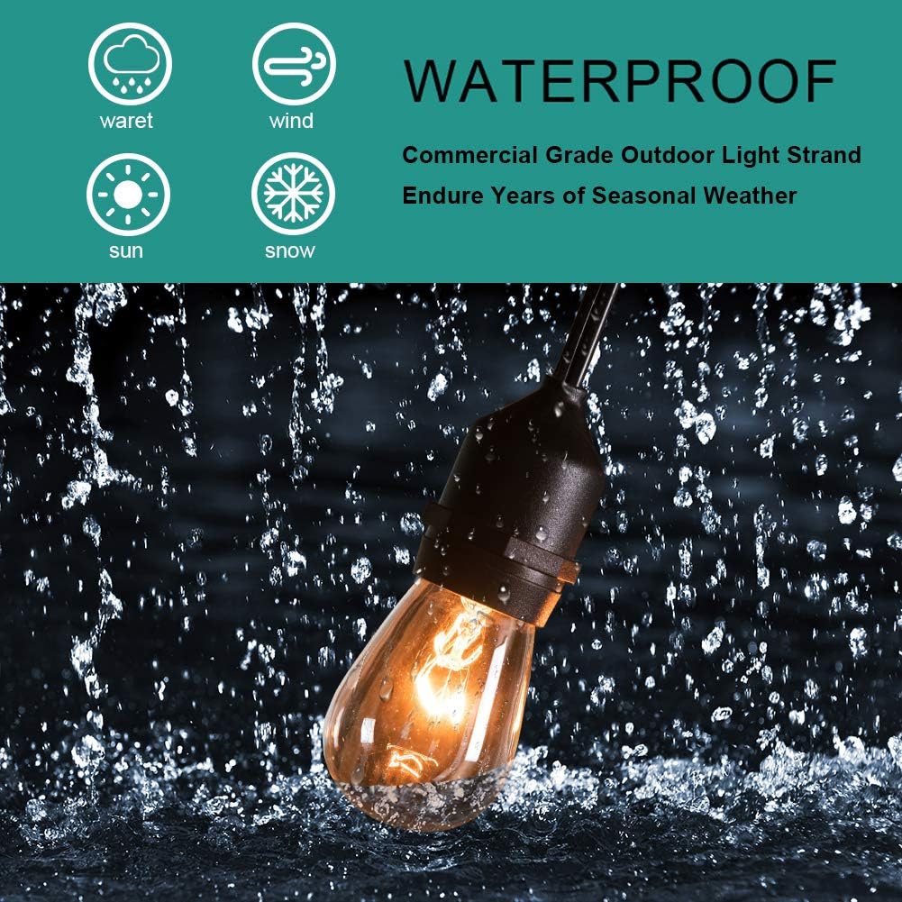 48 FT ADDLON Outdoor String Lights Commercial Grade Weatherproof Strand Edison Vintage Bulbs 15 Hanging Sockets, UL Listed Heavy-Duty Decorative Cafe Patio Lights for Bistro Garden - - 