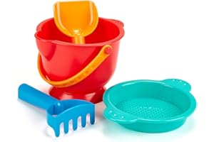 Hape Beach Basics Sand Toy Set Including Bucket Sifter, Rake, and Shovel Toys| Sand Toy Playset for Toddlers 18M+