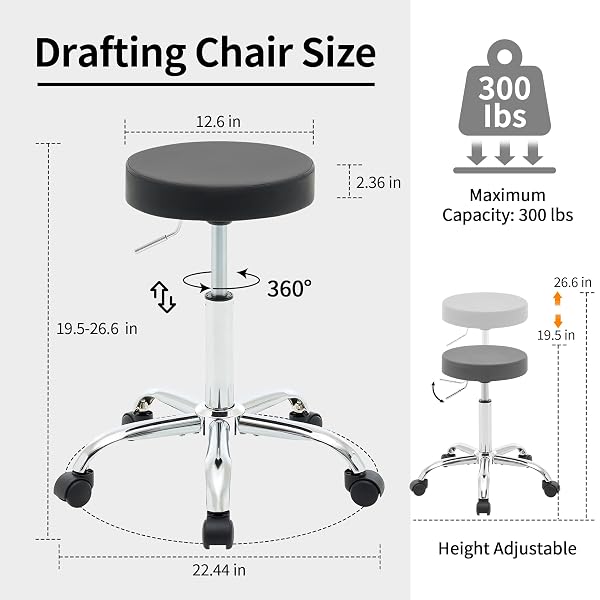 FIRAVOE ROLLING OFFICE STOOLS, ADJUSTABLE DRAFTING STOOL ON WHEELS 19.5″-26.6″, BLACK ERGONOMIC OFFICE CHAIR (BLACK)