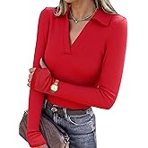 LOMON Womens Pullover Sweaters Y2K Going Out Tops Deep V Neck Polo Shirt Thumb Holes Ribbed Long Sleeve Tops for Women