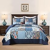 Autumn Dream Cotton Bedspread Quilt Sets Reversible Bedding Coverlet Sets, Luxury Vintage Paisley Floral Patchwork Blue Bedspread, Queen Size