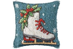 Ylkgogo Latch Hook Kits for Adults, Color Printed DIY Throw Pillow Cover Needlework for Home Decoration Festival Gift 17" x 17" (Ice Skates)