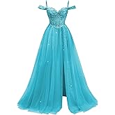 Off Shoulder Tulle Prom Dresses 2026 Lace Beaded Ball Gowns for Women Formal A Line Sparkly Evening Gown with Slit