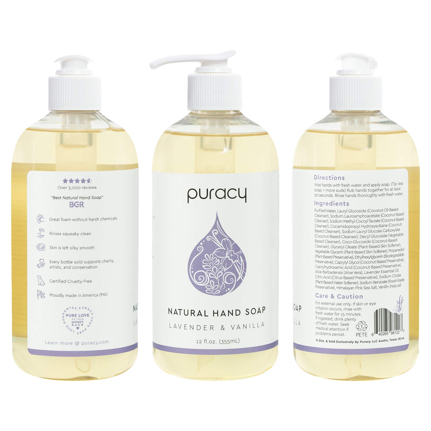 Puracy Natural Liquid Hand Soap, Lavender & Vanilla, GermFighting Gel Hand Wash, 12 Ounce (4
