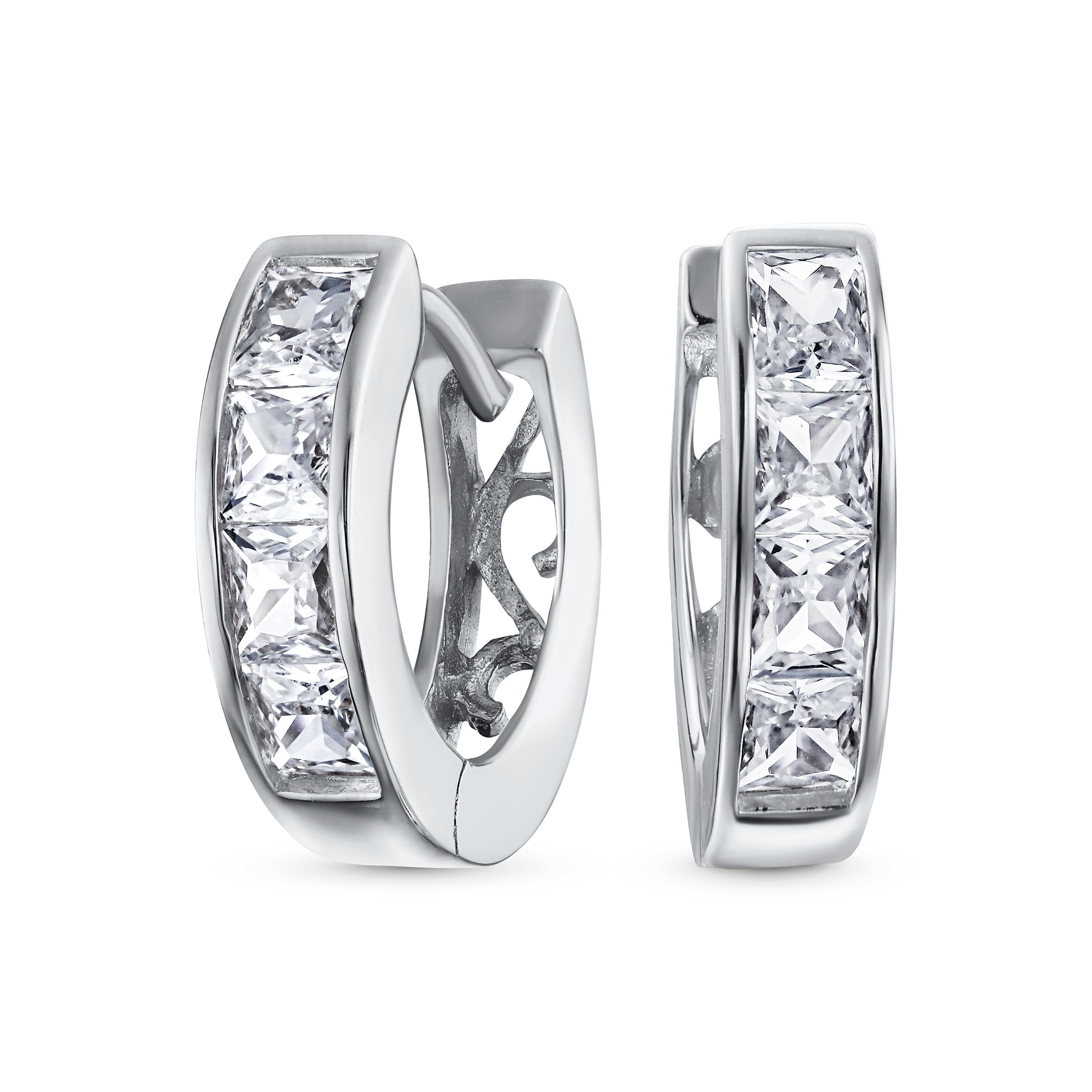 Tiny Small Square Princess Cut CZ Channel Set K-pop Huggie Hoop Earrings For Women Men Clear Cubic Zirconia .925 Sterling Silver — image 1