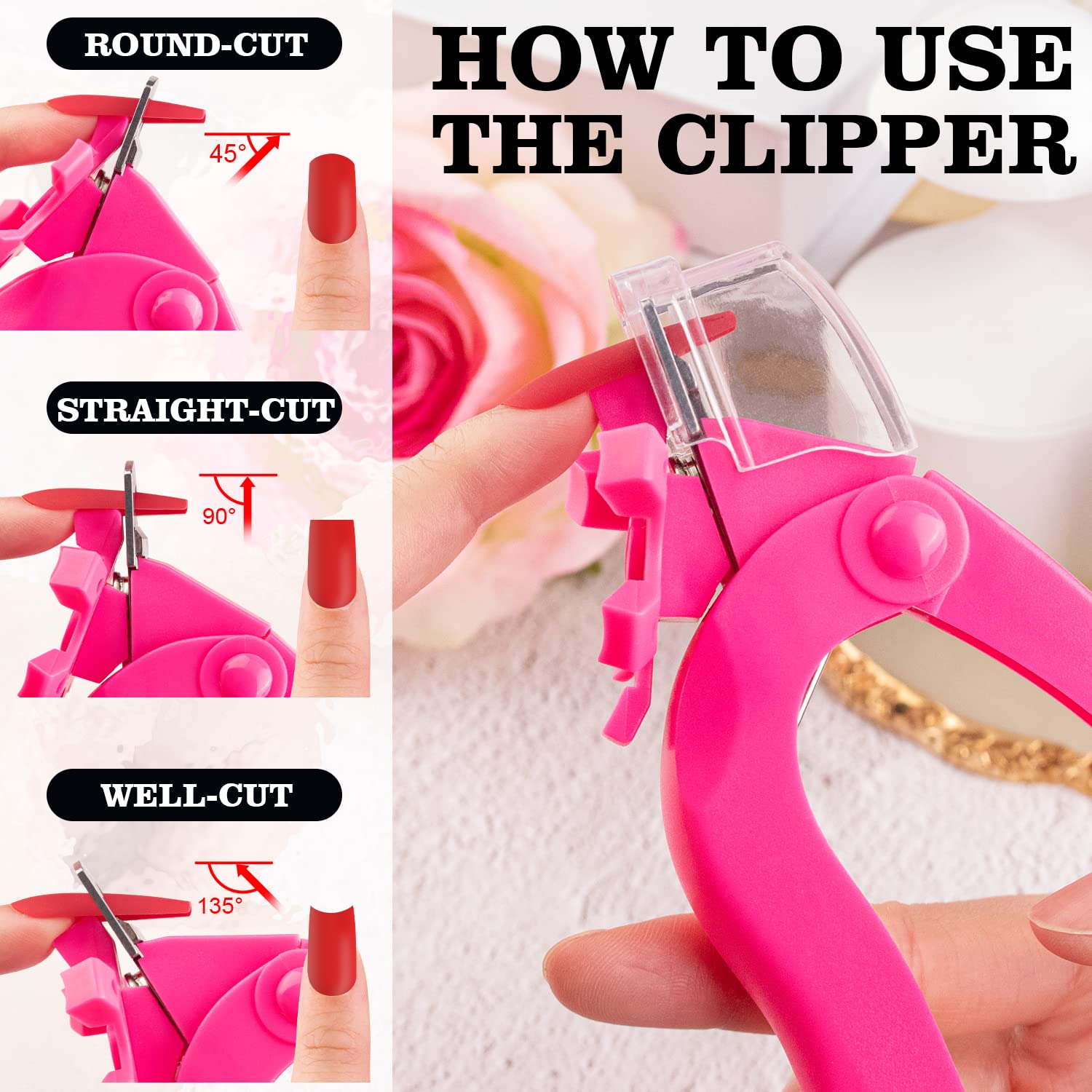 Belleboost Adjustable Acrylic Nail Clippers with Sizer and Catcher, Hot Pink Professional Dial Stainless Steel Blade Nail Tips Cutter, Artificial Fake Nail Trimmer, Manicure Tool for Salon Home - Image 3