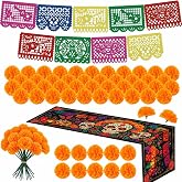 57Pcs Day of the Dead Decorations for Altar,Ofrenda Decoration Set Decor | Dia De Los Muertos Decorations Include 1Pc Mexican Banner, 1Pc Diwali Tablecloth and 55Pcs Marigold Flowers for Home