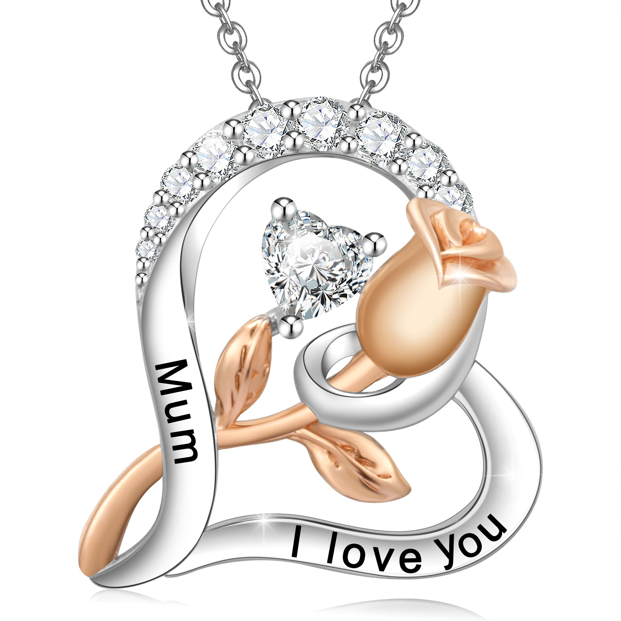 ENGRAWELRY Women's Necklace Engraved Mum I love you 925 Sterling Silver Heart Rose Pendant with Birthstone and Crystal Jewellery Original Gift for Christmas Mother's Day Birthday