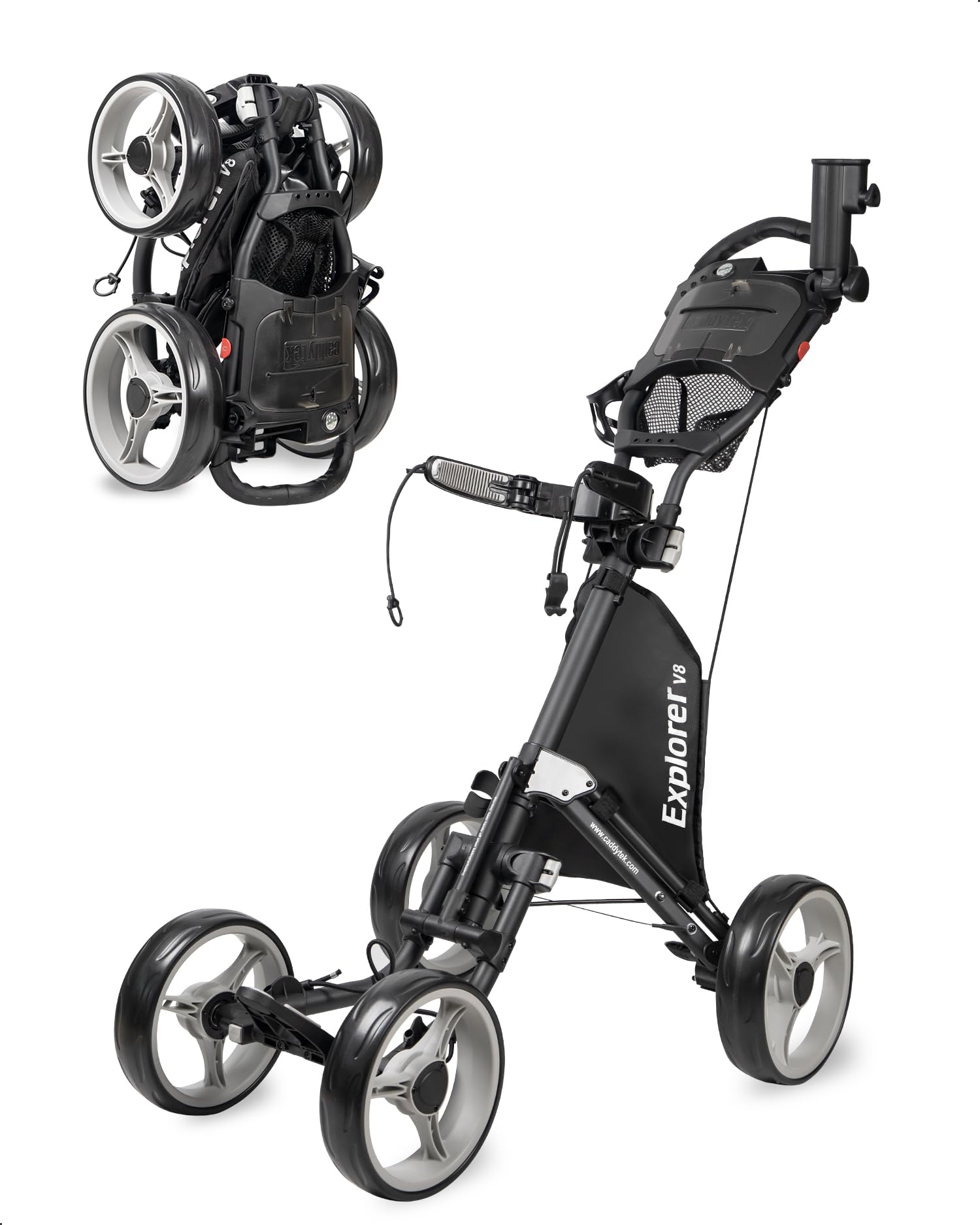 Carrito de golf Caddytek Explorer V8 - Carrito plegable de aluminio Superlite de 4 ruedas con ancho de rueda delantera ajustable, freno de pie, cesta refrigeradora, soporte para paraguas, soporte para bebidas, consola de puntuación