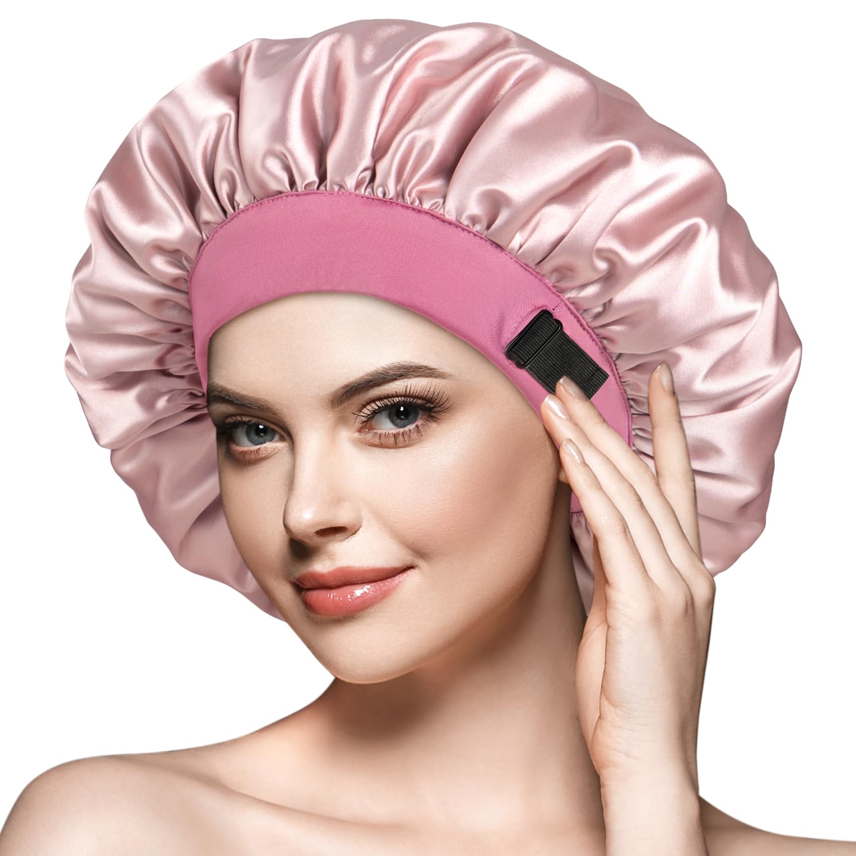 mikimini Satin Bonnet for Women - Double Layer Silky Bonnet for Sleeping with Elastic Band, Pink Elegant Hair Bonnet for Curly Hair Braid for Night